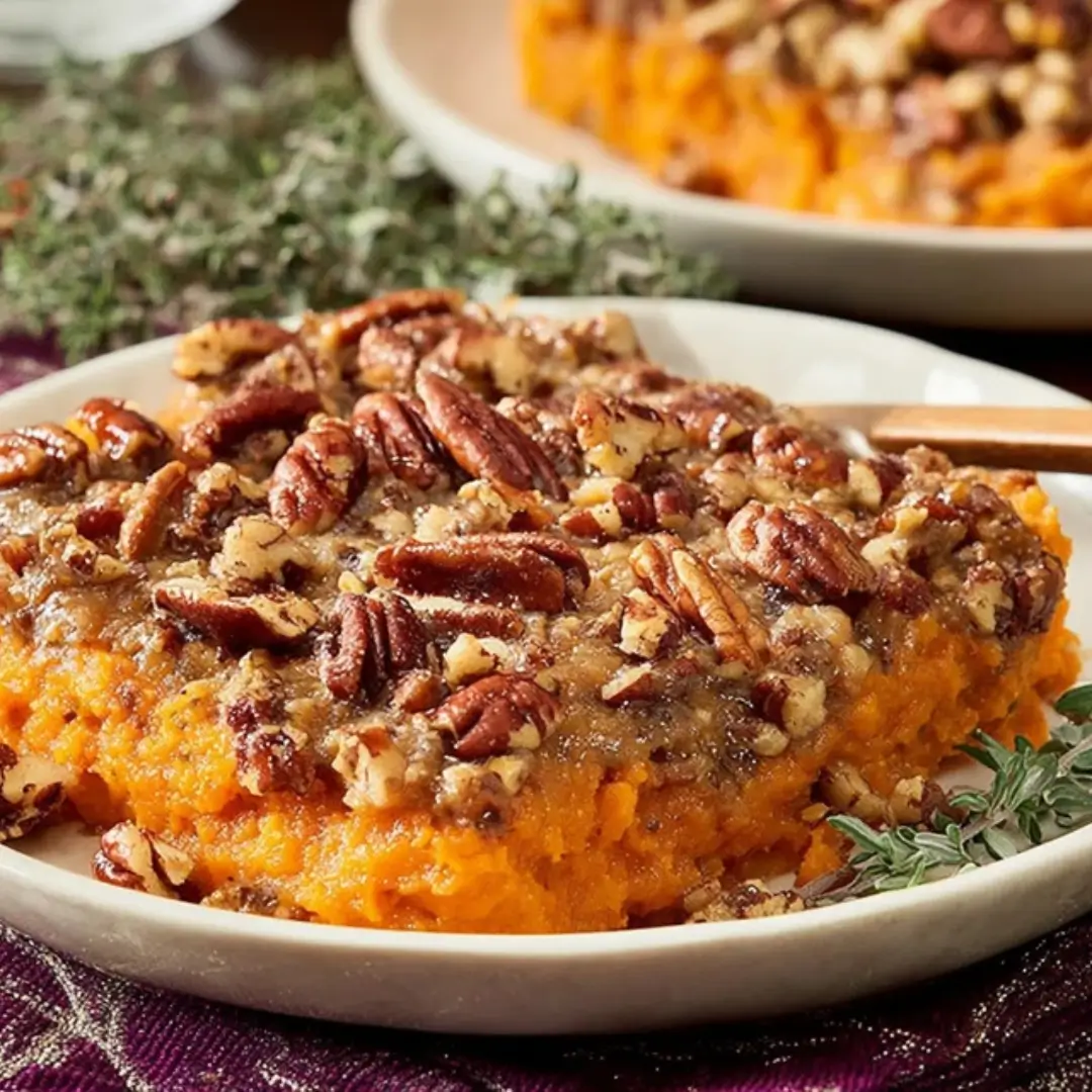 Sweet Potato Casserole with a thick, buttery pecan streusel topping served on a white plate.