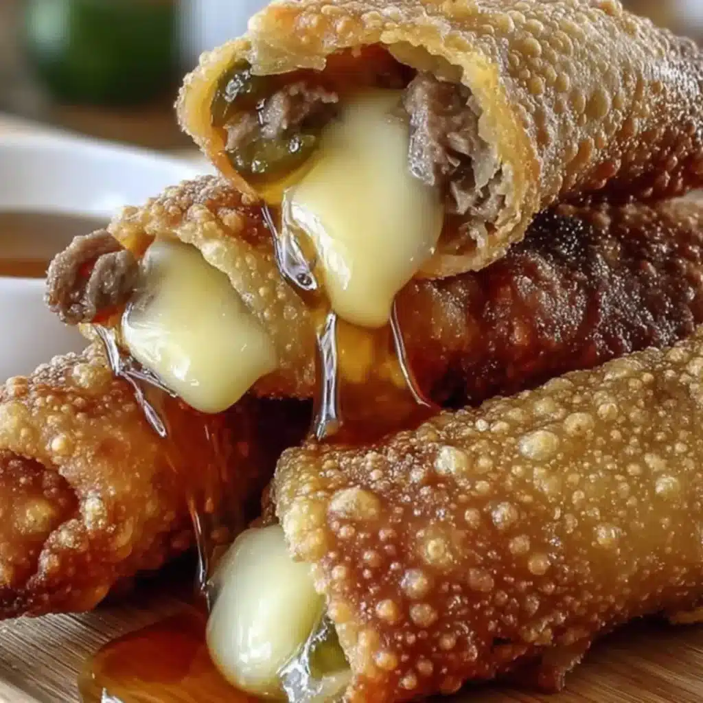 Close-up of three crispy Texas Twinkies Egg Rolls stacked, split open to show melted, gooey cheese and shredded brisket filling, drizzled with honey and chili flakes.