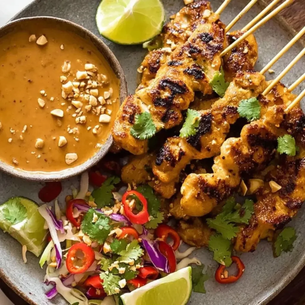 Grilled Thai Chicken Satay skewers served with a side of creamy peanut dipping sauce, garnished with crushed peanuts, cilantro, and a colorful shredded vegetable slaw with sliced red chilies and lime wedges.