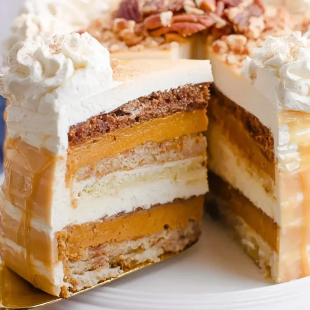 A towering slice of Thanksgiving Piecaken showing layers of pecan pie, pumpkin pie, spice cake, and cinnamon buttercream.