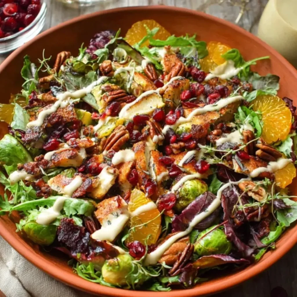 Vibrant Thanksgiving Harvest Salad with roasted chicken, brussels sprouts, orange slices, pecans, cranberries, and a creamy dressing.