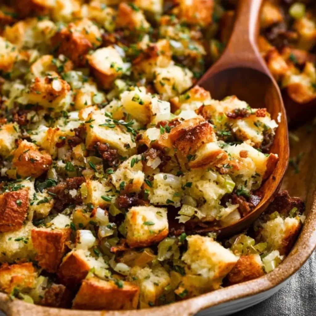Savory homemade Thanksgiving stuffing (or dressing) served in a rustic ceramic baking dish with a wooden spoon, showing crispy toasted bread cubes, herbs, and sausage/vegetables.