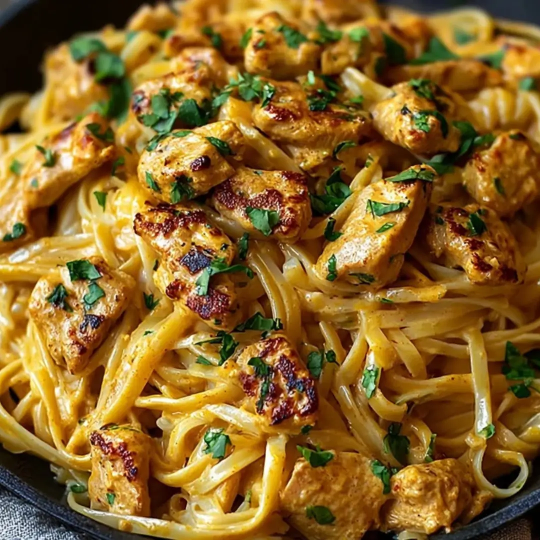 Creamy Cowboy Butter Chicken Linguine tossed in a rich, herbed sauce with golden, seasoned chicken strips and fresh parsley garnish.