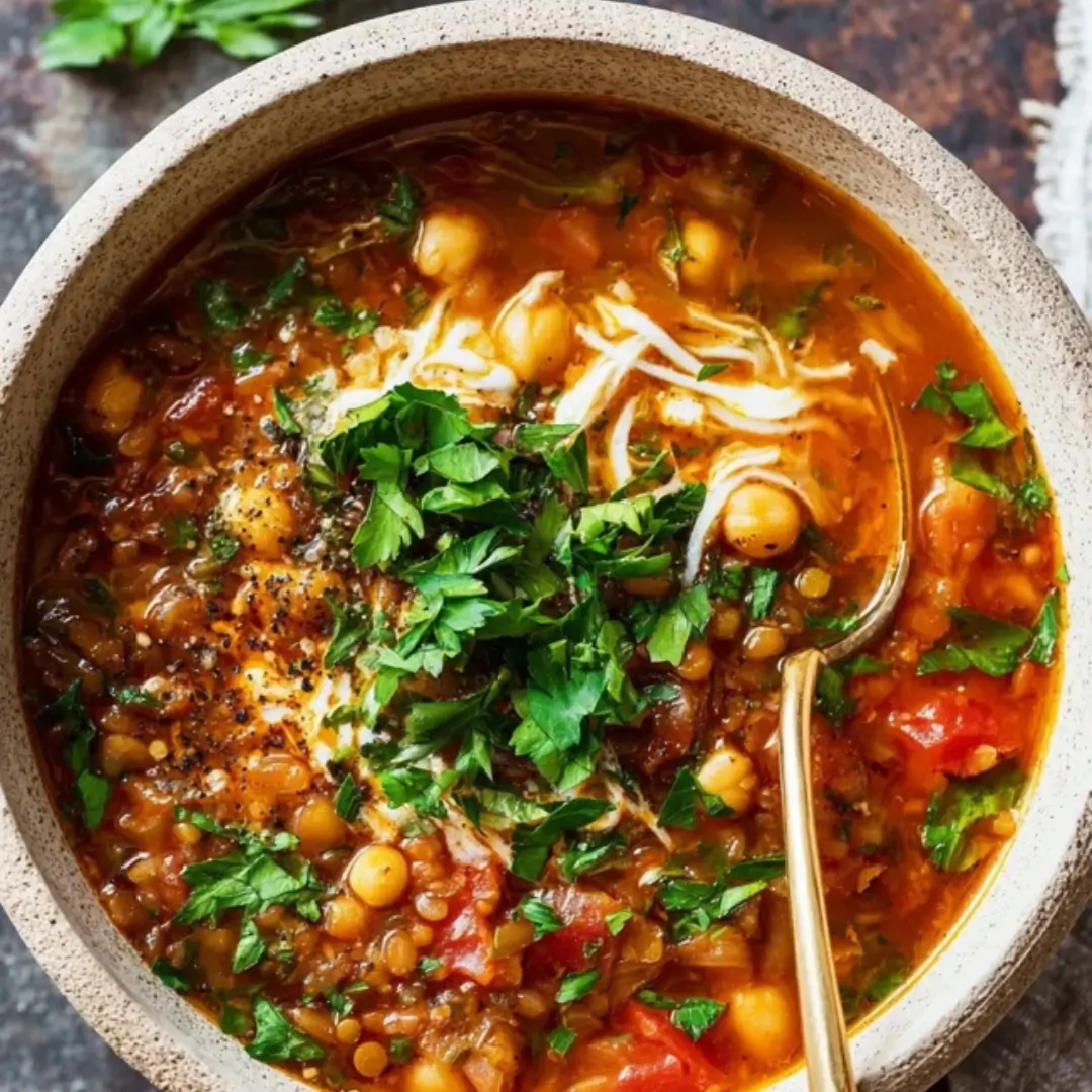 Close-up of a rustic bowl of hearty Harira soup, loaded with chickpeas, lentils, and tomatoes, topped with fresh cilantro and a creamy swirl.