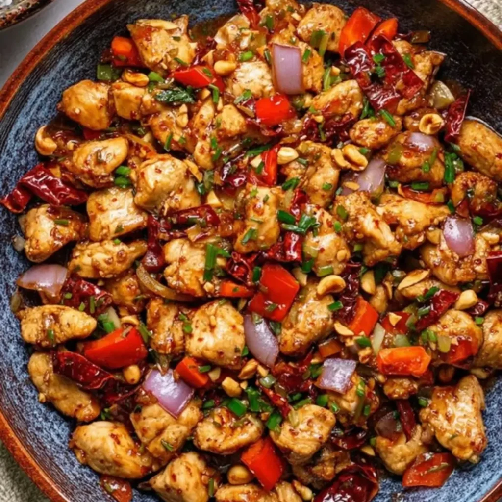 A close-up, top-down shot of a large blue bowl filled with glossy, dark brown Kung Pao Chicken, featuring cubed chicken pieces, diced red bell peppers, crunchy roasted peanuts, and thinly sliced green onions.