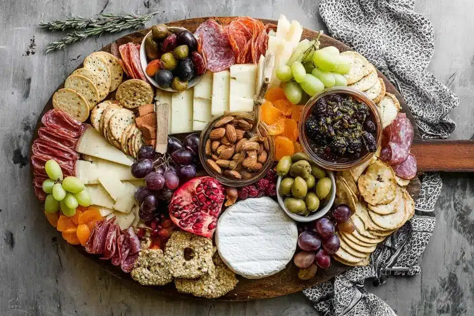 A generously filled oval charcuterie board featuring an assortment of meats, cheeses, crackers, fruits, nuts, and olives, resting on a rustic gray background.