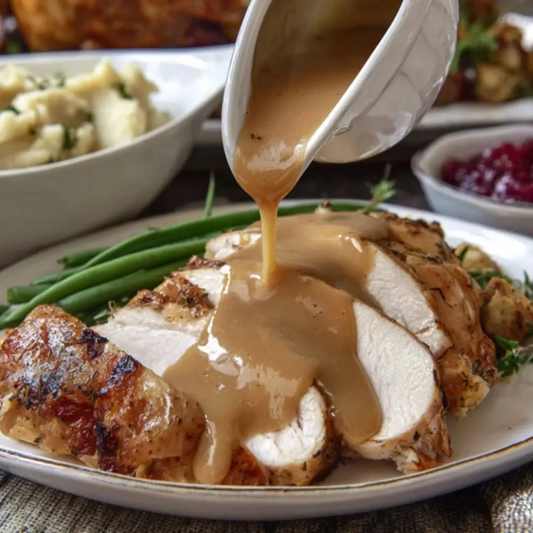 Turkey Gravy being poured from a white gravy boat over thick slices of roasted turkey breast and a side of green beans.
