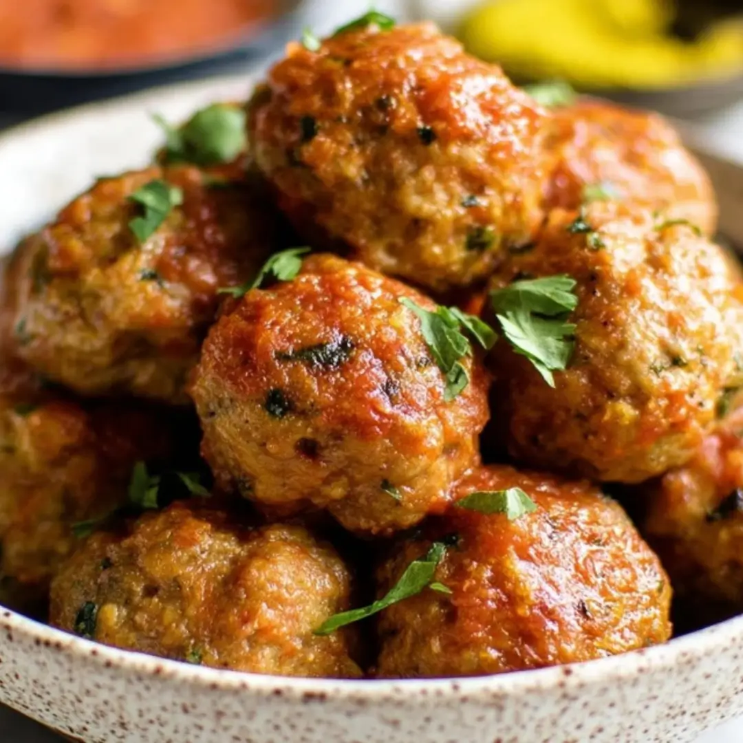 A bowl of savory turkey meatballs tossed in marinara sauce and garnished with fresh parsley.