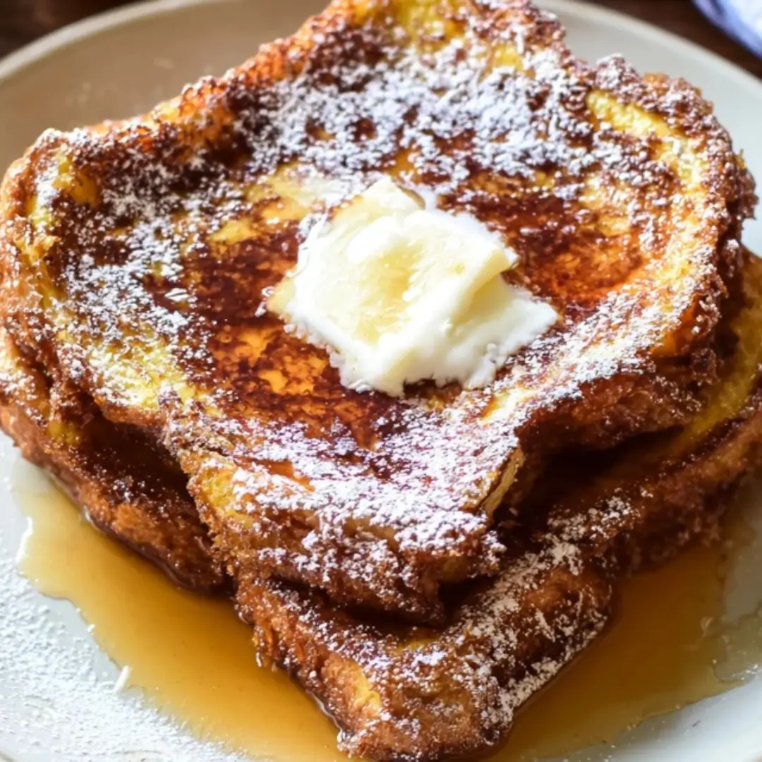 Stack of three slices of golden-brown Ultimate French Toast dusted with powdered sugar, topped with a melting pat of butter, and drizzled with maple syrup.