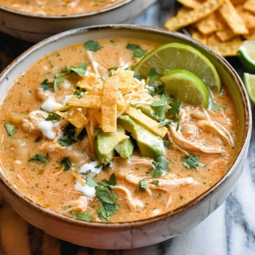 Creamy white chicken chili served in a rustic bowl, topped with shredded cheese, avocado slices, fresh cilantro, tortilla strips, and a lime wedge.