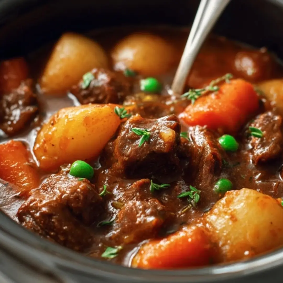 wholesome crockpot beef stew close-up with tender beef, carrots, potatoes, and peas in a rich brown gravy