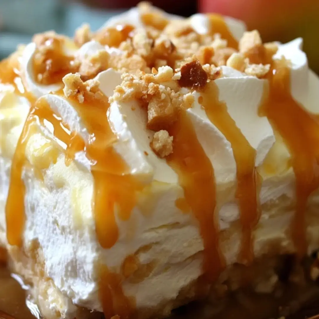 A decadent slice of layered Caramel Apple Lush dessert, featuring a crushed cookie base, a creamy white filling, a swirl of whipped topping, and generous drizzles of golden caramel sauce and chopped nuts on top.