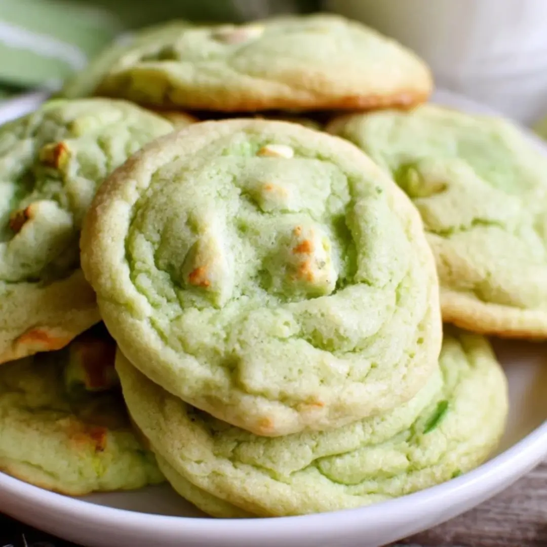 Stack of vibrant green pistachio pudding cookies on a white plate, showing white chocolate chips and chopped pistachio pieces.