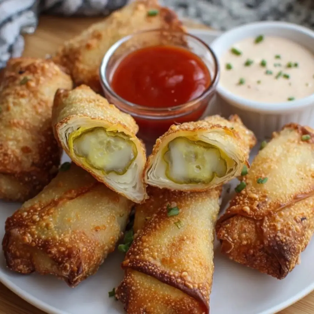Crispy golden-brown air fryer egg rolls cut in half to show a dill pickle spear and melted mozzarella filling inside, served with ketchup and creamy dipping sauce.