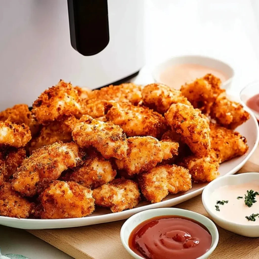 A white plate overflowing with golden, crispy Air Fryer Popcorn Chicken pieces, with a white air fryer visible in the background. The plate is surrounded by small bowls of dipping sauces like ketchup and creamy pink sauce.
