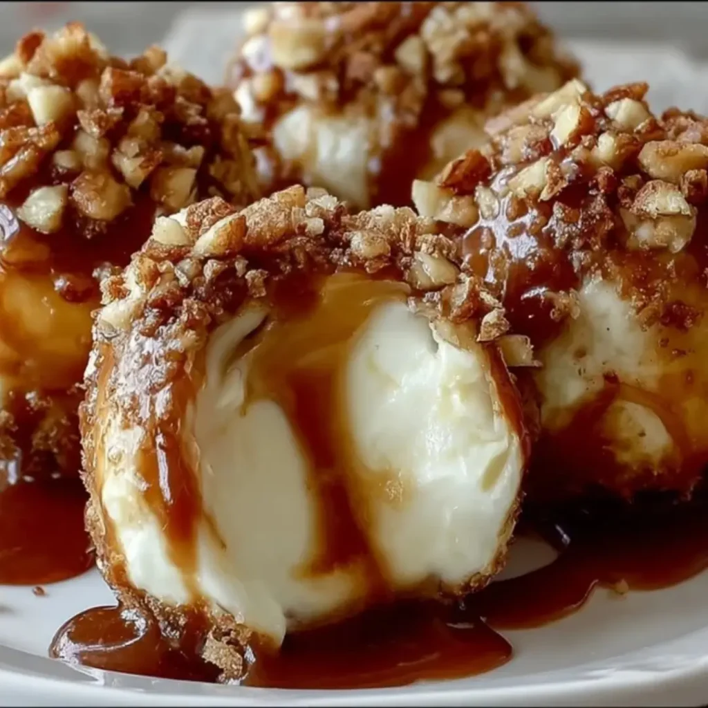 Close-up shot of four deep-fried ice cream balls, or similar pastry 'bombs', drizzled with rich caramel sauce and topped with chopped pecans or walnuts. The front sphere is broken open, revealing a soft, white interior (possibly vanilla ice cream or cream cheese filling).