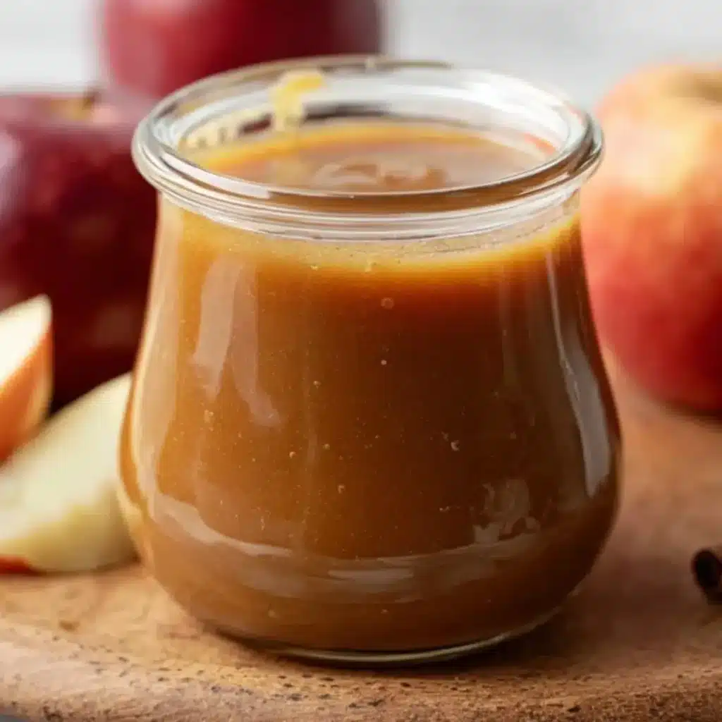 A glass jar filled with smooth, golden-brown Apple Cider Caramel Sauce, surrounded by fresh red apples and apple slices on a wooden board.