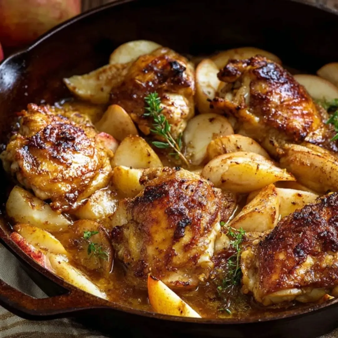 Cast iron skillet filled with golden-seared chicken pieces and caramelized apple slices swimming in a rich, savory-sweet cider sauce, garnished with fresh thyme.