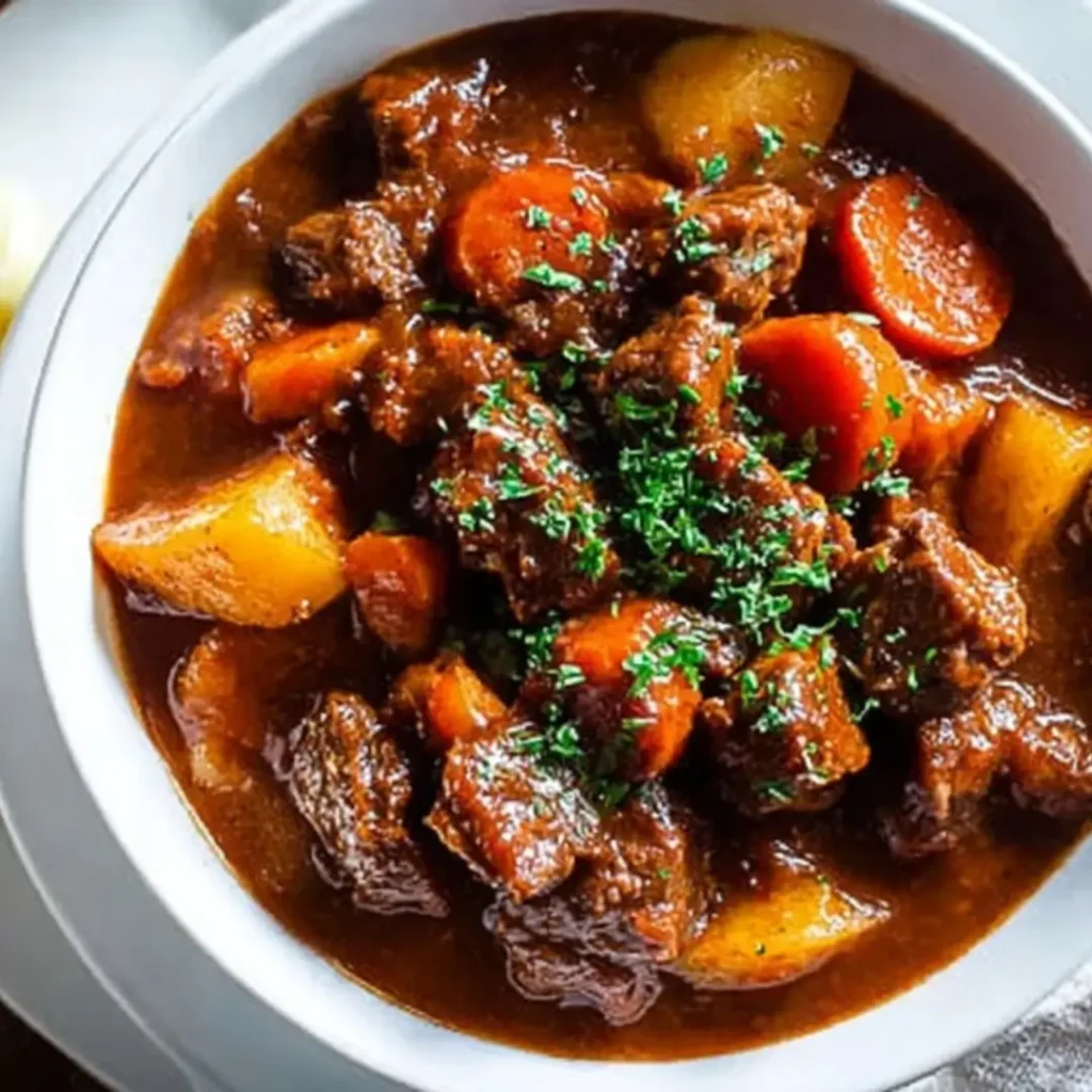 A close-up view of a hearty bowl of rich, brown Authentic Hungarian Goulash, featuring large, tender cubes of beef, slices of orange carrots, and chunks of golden potatoes, topped with a sprinkle of fresh green parsley.