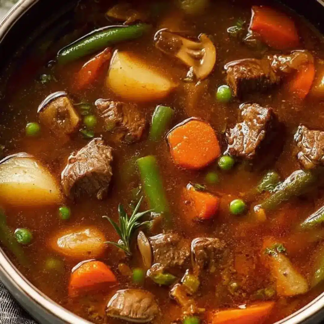 A close-up, overhead shot of a dark bowl filled with hearty beef vegetable soup, featuring large chunks of tender beef, carrots, green beans, peas, potatoes, and mushrooms in a rich, dark brown savory broth.
