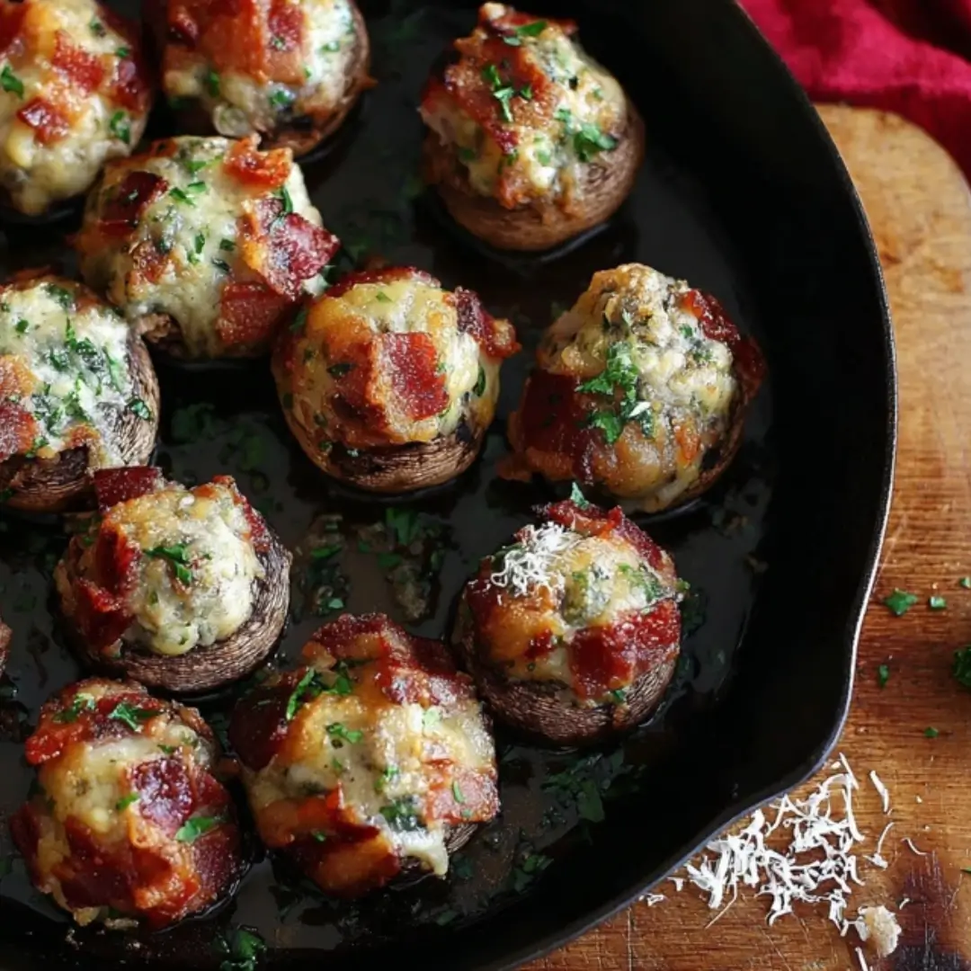 A black cast iron skillet filled with golden brown, generously stuffed bacon and cheese mushrooms, garnished with fresh parsley.