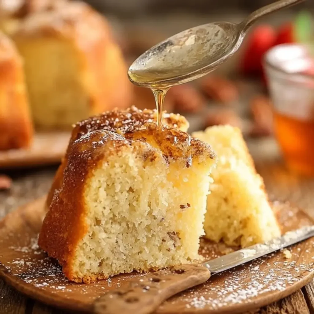 Slice of Bama Butter Cake (a moist, rich Bundt cake) dusted with powdered sugar, being drizzled with a warm honey-colored butter glaze from a silver spoon.