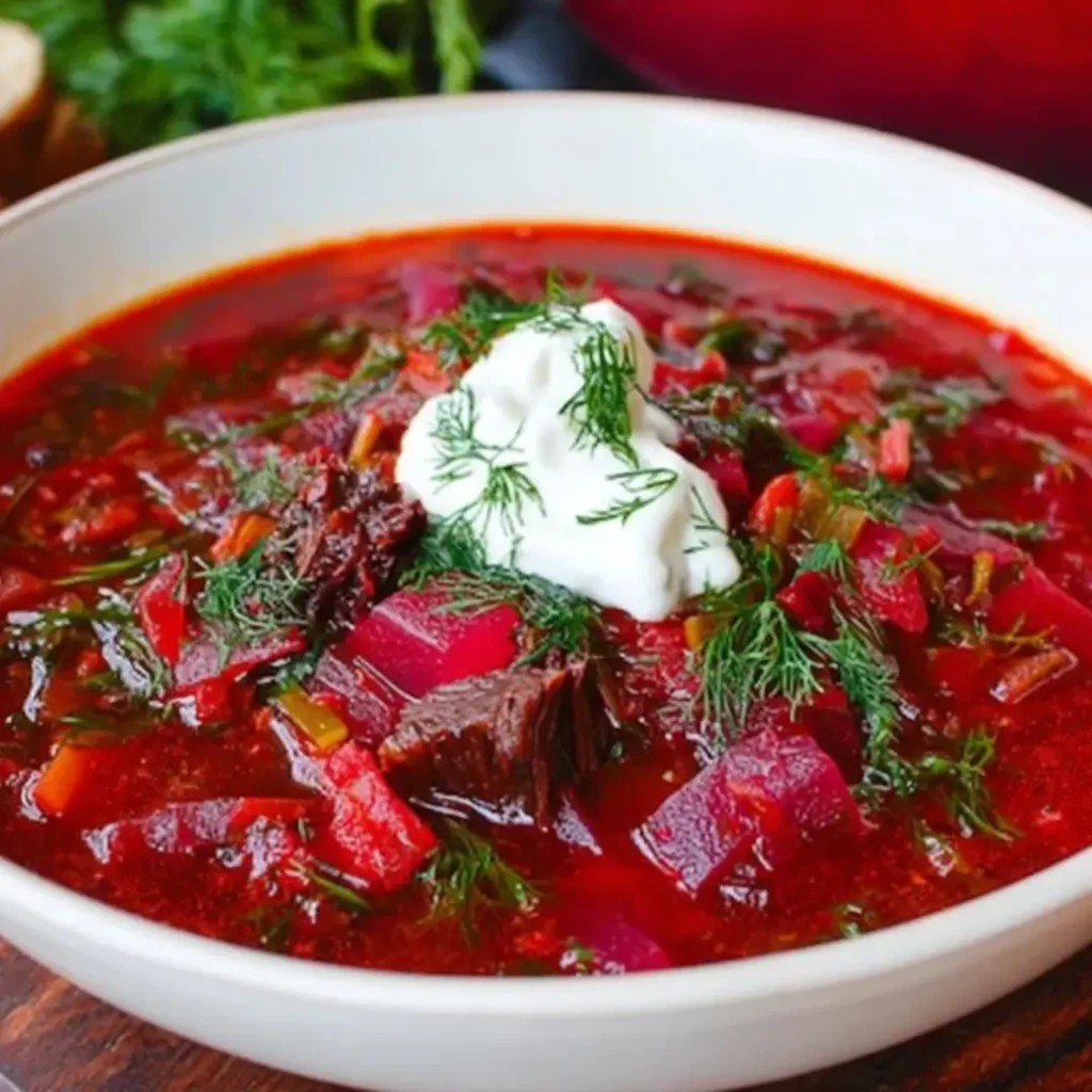 A close-up view of a bowl of deep red Beef Short Rib Borscht, featuring chunks of red beets, shredded cabbage, and pieces of tender beef, topped with a dollop of white sour cream and fresh green dill.