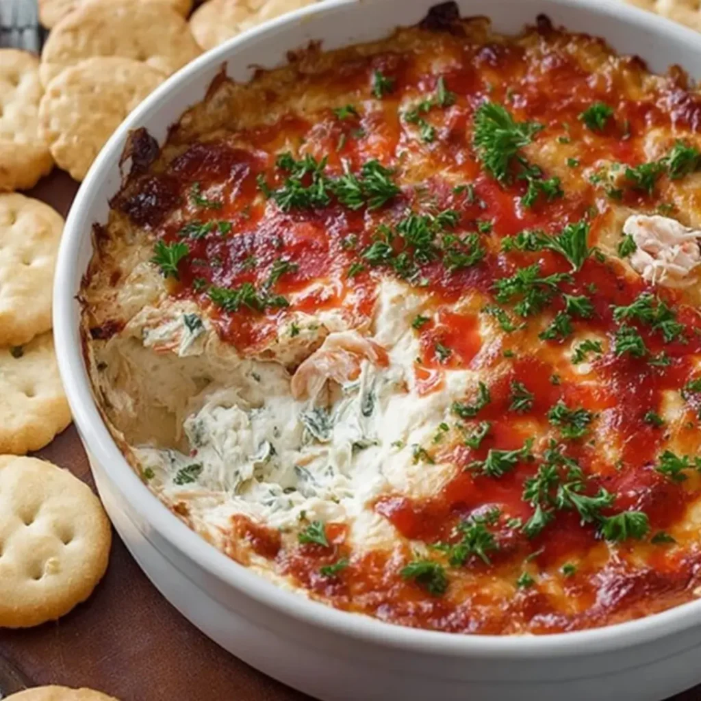 Creamy, hot, and bubbly baked crab dip topped with a light drizzle of red sauce (possibly hot sauce or cocktail sauce) and fresh parsley, served in a white baking dish surrounded by Ritz crackers.