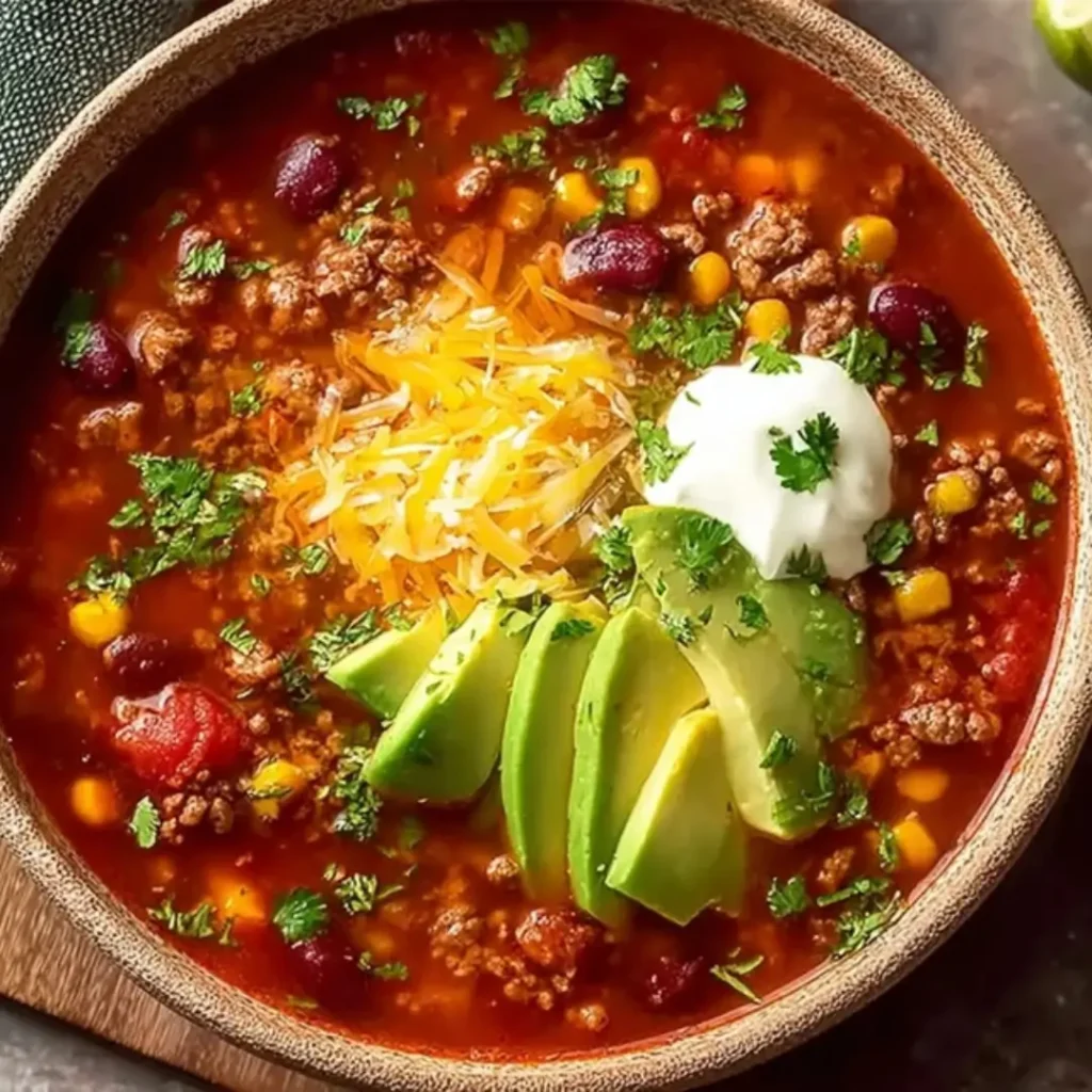 A steaming bowl of Instant Pot Taco Soup topped with sliced avocado, shredded cheddar cheese, a dollop of sour cream, and fresh cilantro.