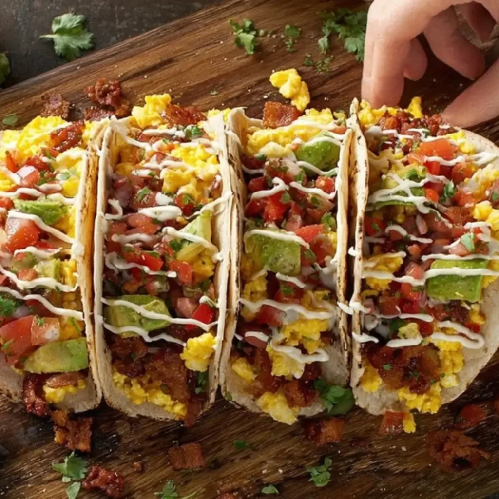 Four loaded breakfast tacos on a wooden board featuring scrambled eggs, crumbled bacon, diced avocado, pico de gallo, and a drizzle of creamy sauce.