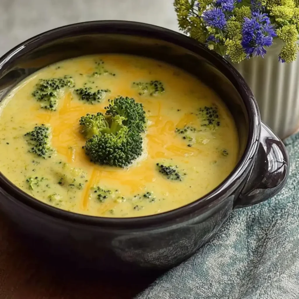A creamy bowl of Broccoli Jalapeño Cheddar Soup topped with fresh broccoli florets and melted cheese.