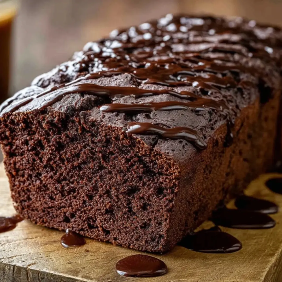 A close-up shot of a moist, sliced Brownie Bread loaf drizzled with glossy chocolate ganache on a rustic wooden board.