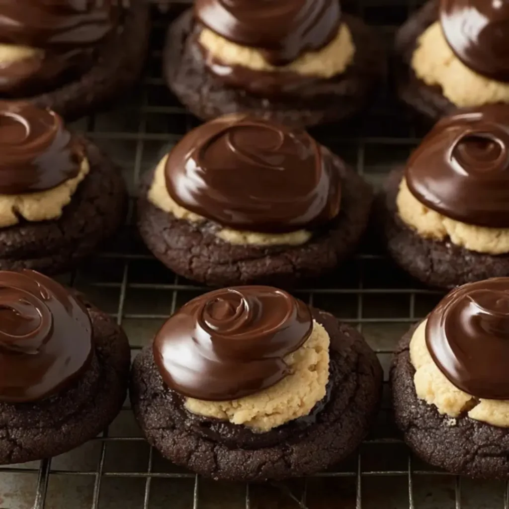 A close-up view of freshly baked Buckeye cookies on a wire cooling rack, featuring a soft dark chocolate cookie base topped with a creamy peanut butter mound and a swirl of glossy melted chocolate.