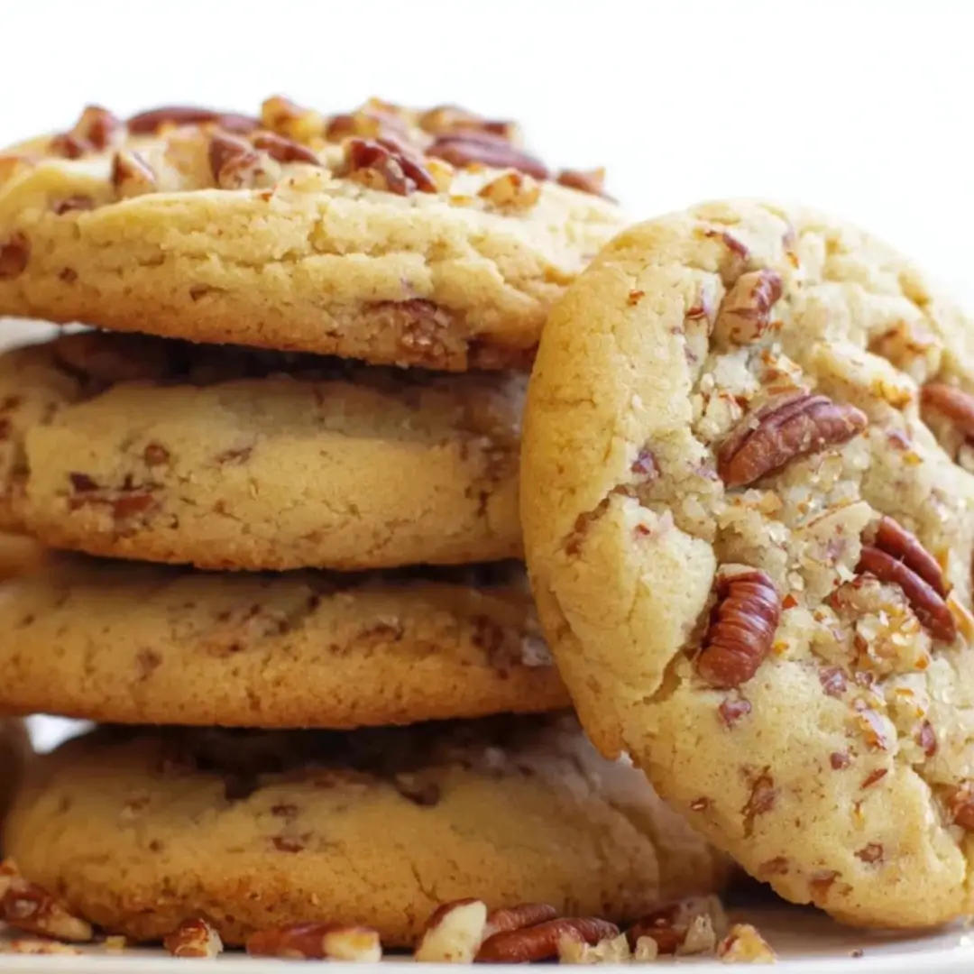 Stack of four soft, round butter pecan cookies topped with whole and chopped pecans, with one cookie leaning against the stack.