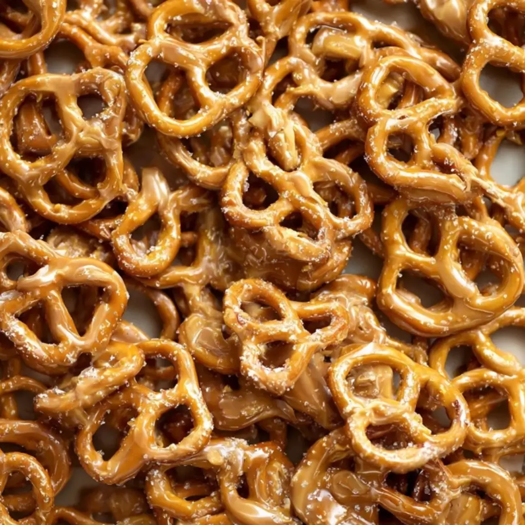 A close-up shot of crispy mini pretzel twists coated in a thick, glossy golden butter toffee glaze.
