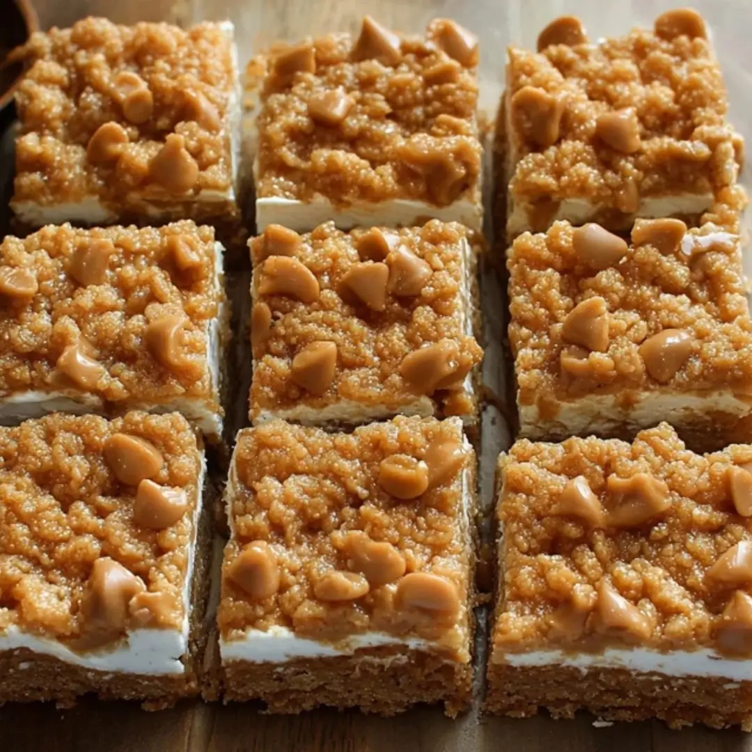 Nine square servings of layered butterscotch bars with a light cream or cheesecake filling and a buttery, brown sugar crumble topping studded with whole butterscotch chips.