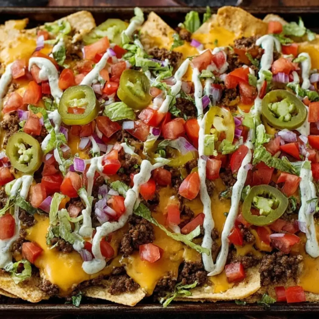 A sheet pan of loaded Cheeseburger Nachos featuring crispy tortilla chips, melted cheddar cheese, seasoned ground beef, diced tomatoes, red onions, jalapeños, and a creamy sauce drizzle.