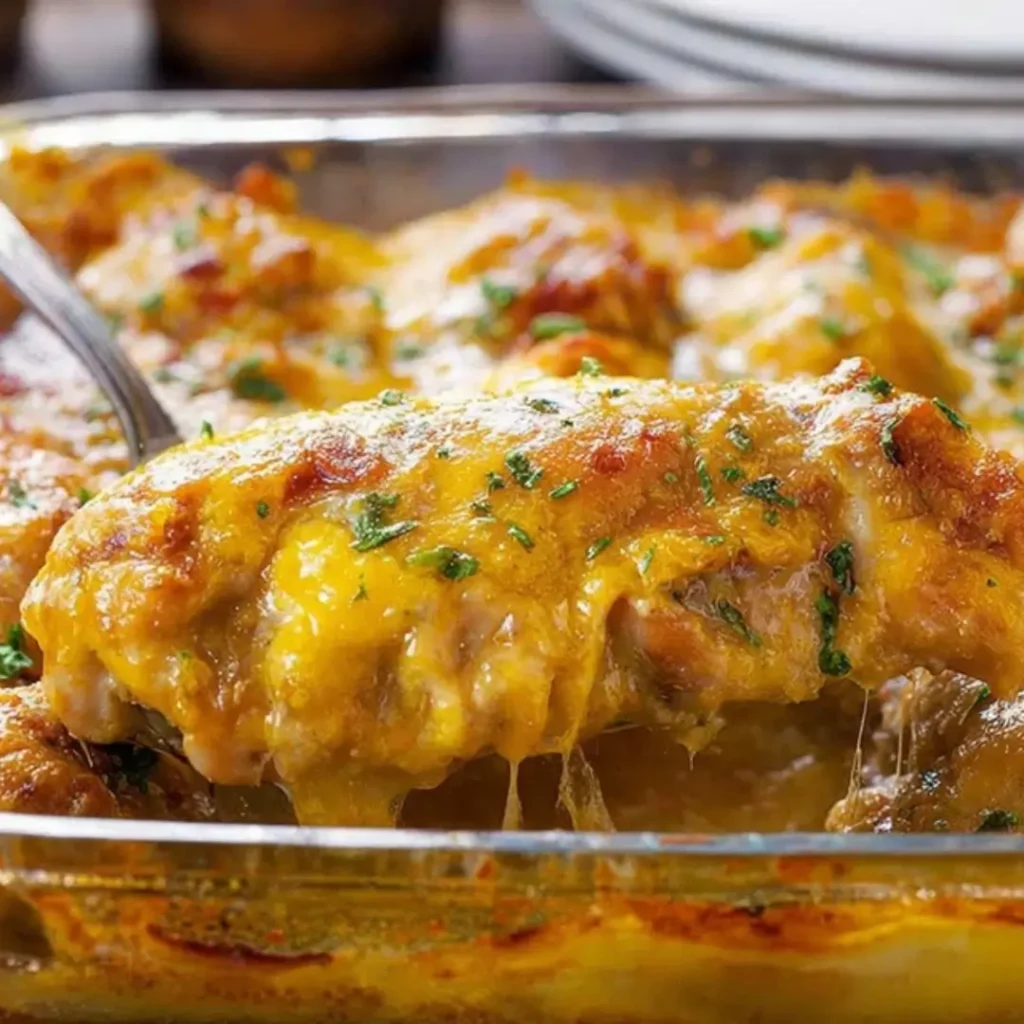 A close-up shot of a golden, bubbly Cheesy Chicken Casserole being scooped from a glass baking dish, showing melted cheese pulls and fresh parsley garnish.