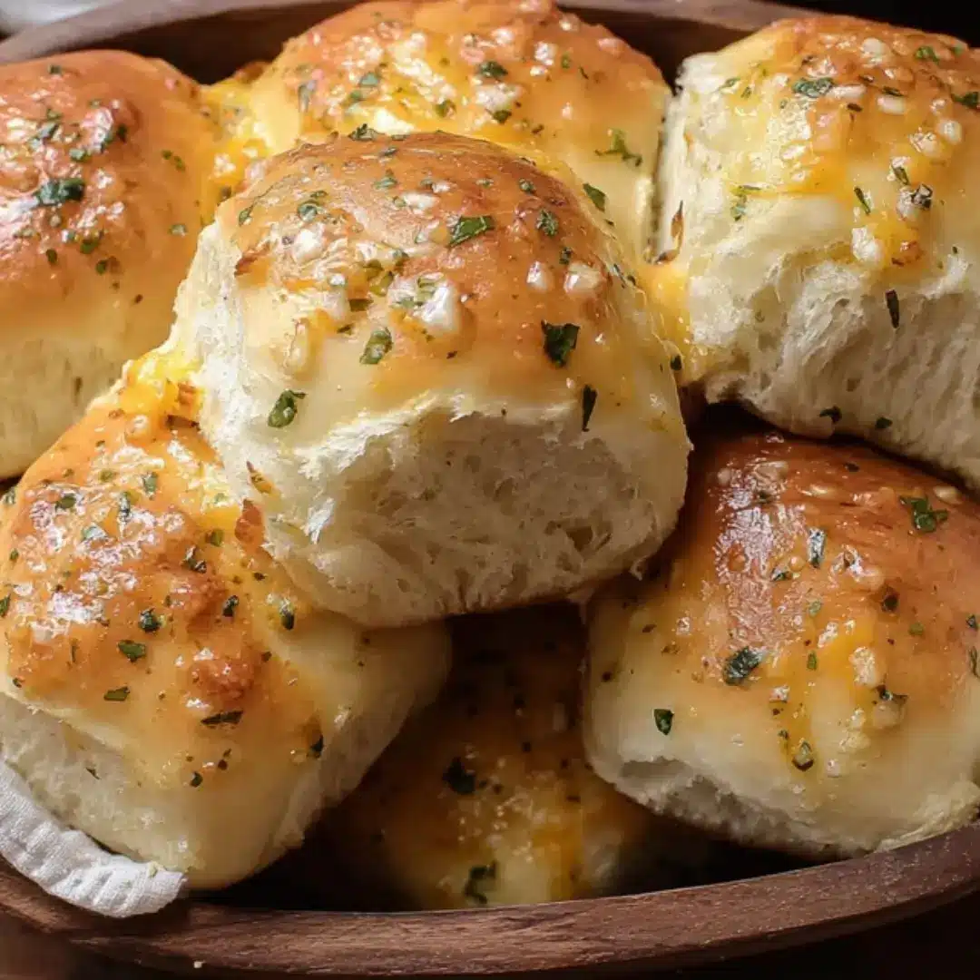 Close-up of homemade, fluffy Cheesy Garlic Dinner Rolls piled in a wooden bowl, brushed with melted garlic butter and sprinkled with fresh parsley.
