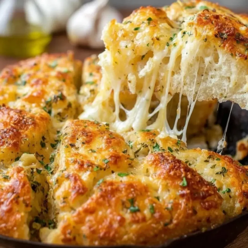 A close-up shot of Cheesy Garlic Focaccia Bread, cut into squares, with one square being lifted, showing a long, beautiful strand of melted, gooey mozzarella cheese pulling away from the rest of the bread. The focaccia is golden brown and topped with melted cheese, fresh garlic, and chopped parsley.