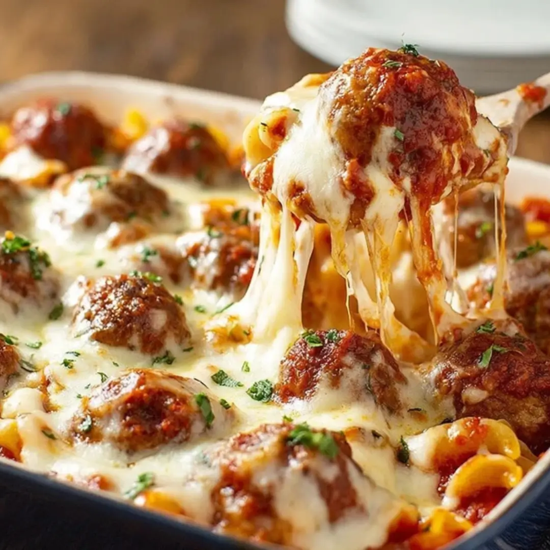 A close-up shot of Cheesy Meatball Casserole being served, with a wooden spoon lifting a meatball covered in stringy, melted mozzarella cheese and marinara sauce out of a blue baking dish.