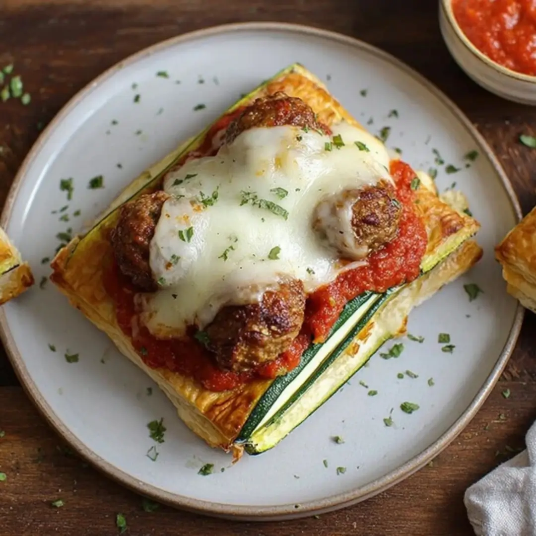 Close-up of a Cheesy Meatball Zucchini Boat topped with golden puff pastry, marinara sauce, and melted mozzarella cheese, garnished with fresh parsley.