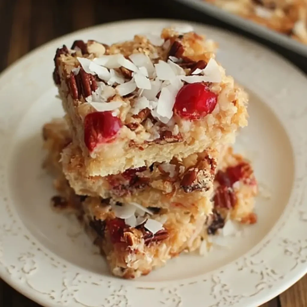 A stack of three homemade Cherry Coconut Pecan Bars on a white lace-edge plate, showcasing the thick, chewy coconut-pecan filling studded with bright red dried cherries, topped with large flakes of shredded coconut.