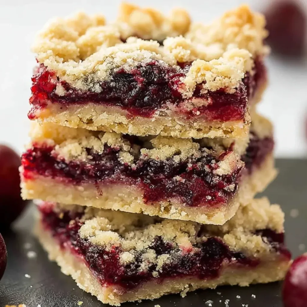 A close-up stack of three homemade Cherry Pie Bars showing the thick, buttery crumble topping, the bright red cherry filling, and the soft bottom crust.