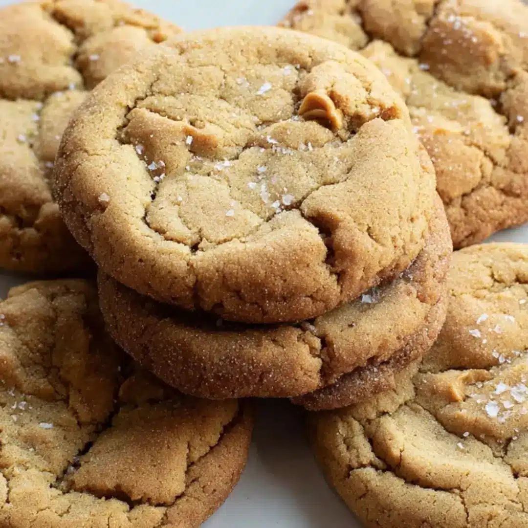 A stack of thick, chewy peanut butter cookies with visible peanut chunks and a sprinkle of sea salt.
