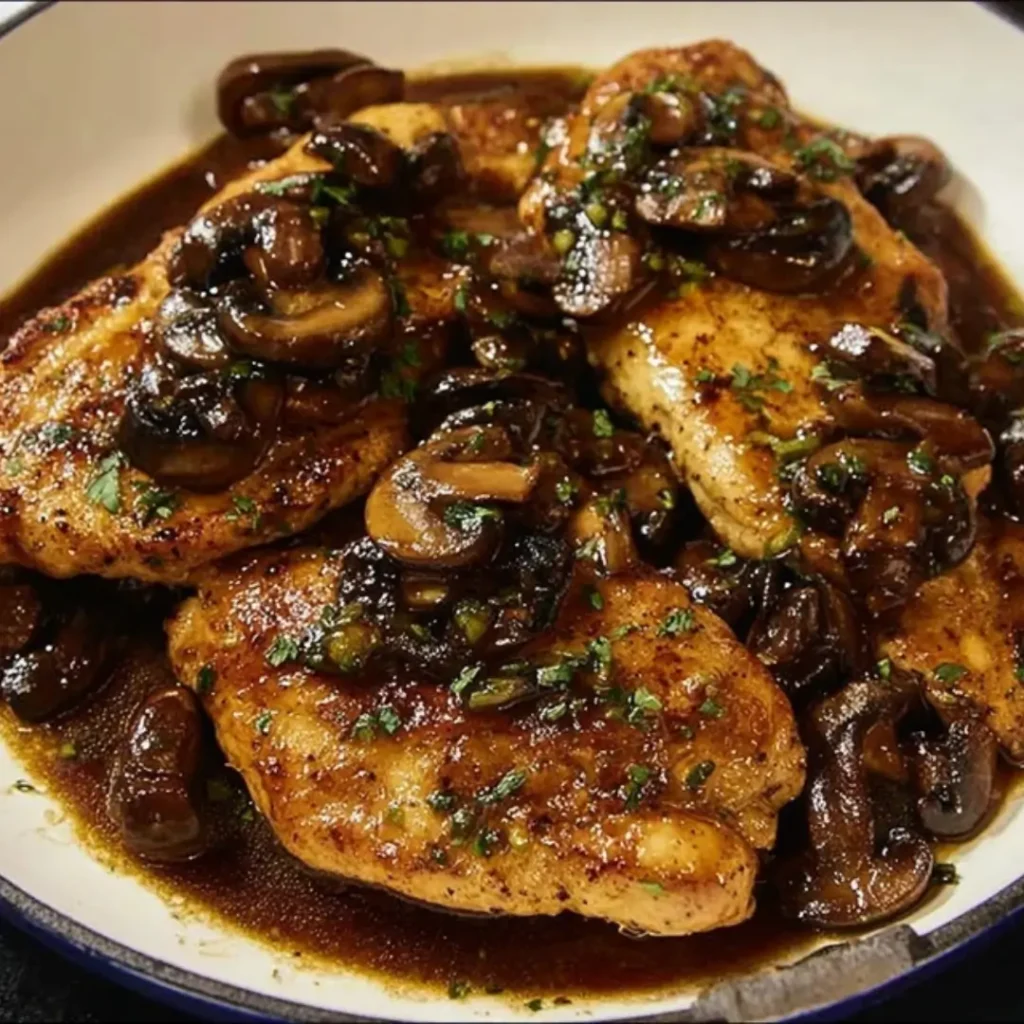 Pan-seared golden brown chicken breasts smothered in a rich, glossy mushroom marsala sauce and topped with fresh parsley.