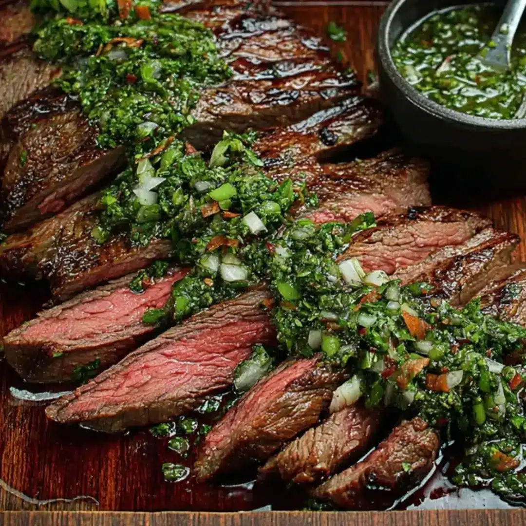 Thinly sliced grilled London Broil topped with vibrant green homemade chimichurri sauce on a wooden cutting board.