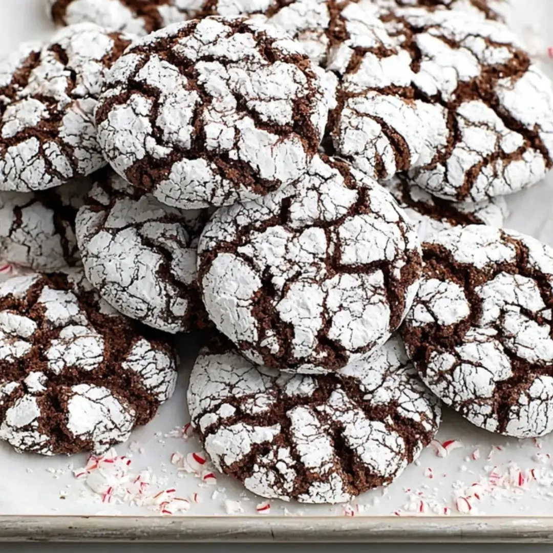 A close-up stack of dark chocolate crinkle cookies coated in white powdered sugar with red crushed peppermint candies scattered around the base.