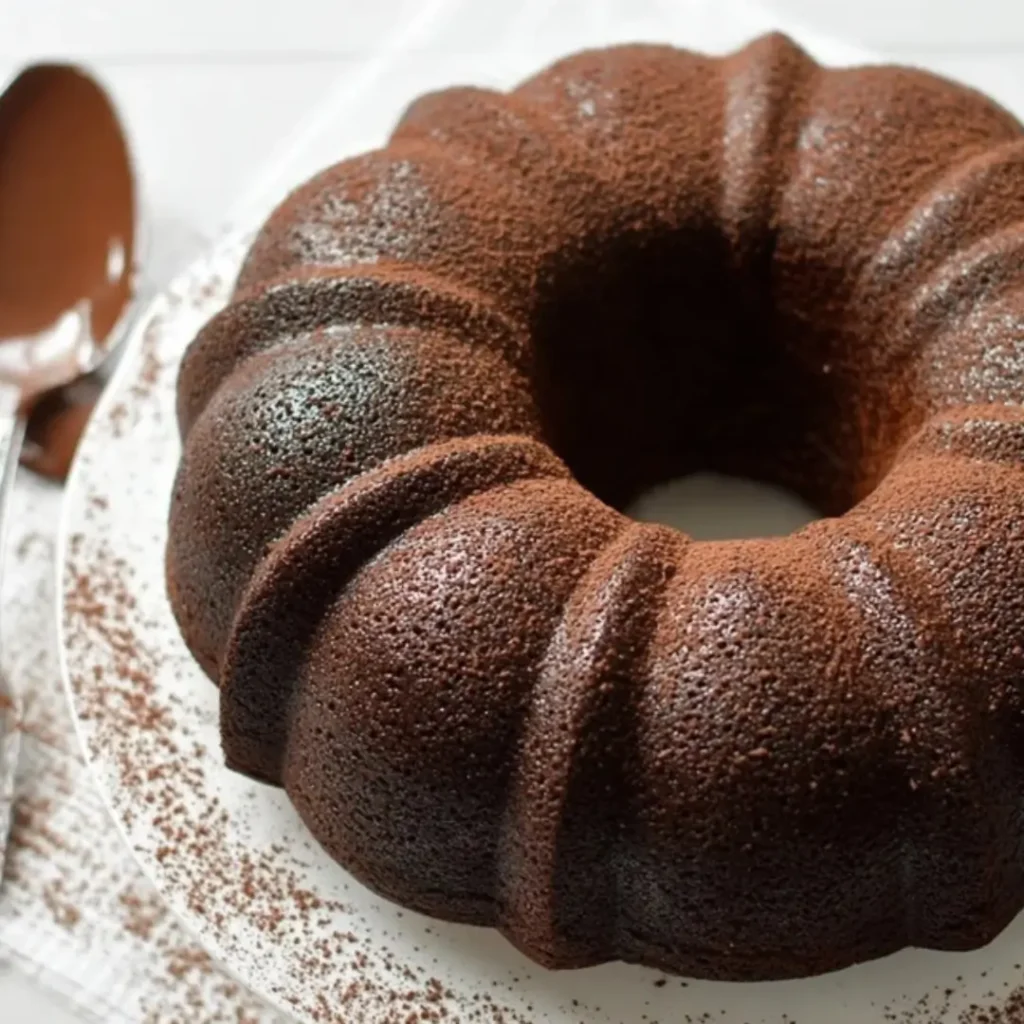 A moist, rich chocolate bundt cake dusted with cocoa powder on a white serving plate, featuring a spoonful of melted chocolate in the background.