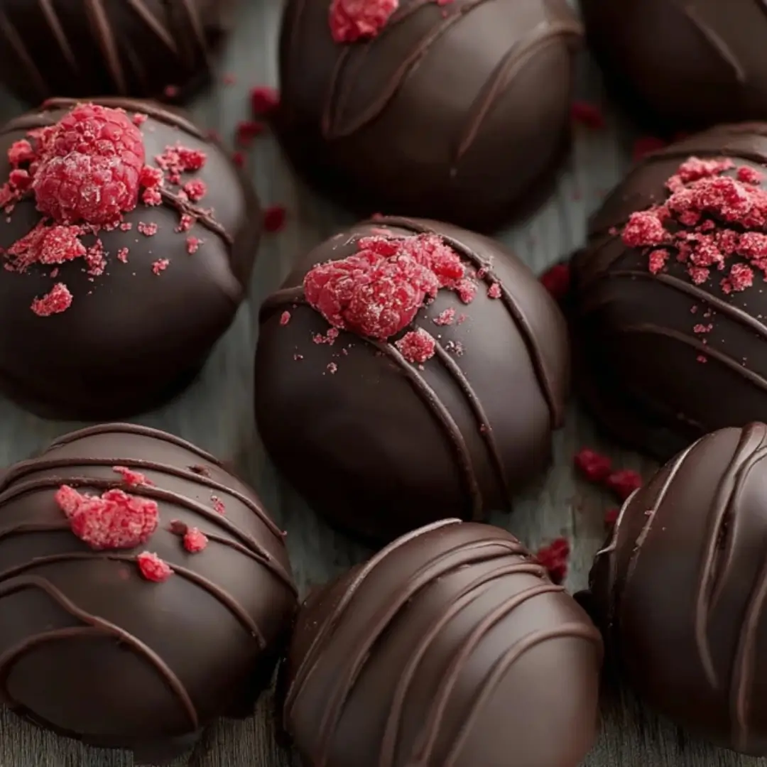 Close-up of handmade dark chocolate raspberry truffles drizzled with chocolate and topped with crushed freeze-dried raspberries.